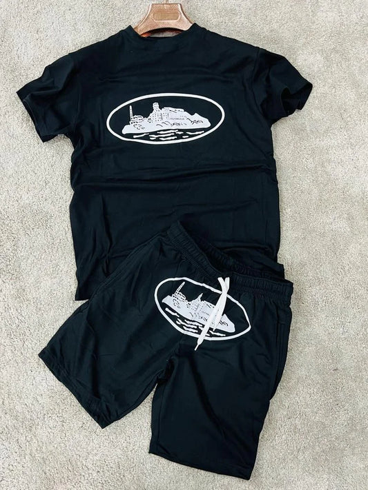 Conjunto corto corteiz negro logo blanco