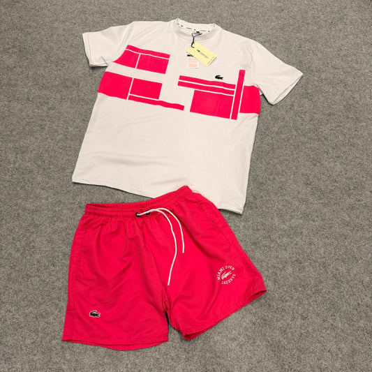 Conjunto lacoste blanco y rosa logo verde