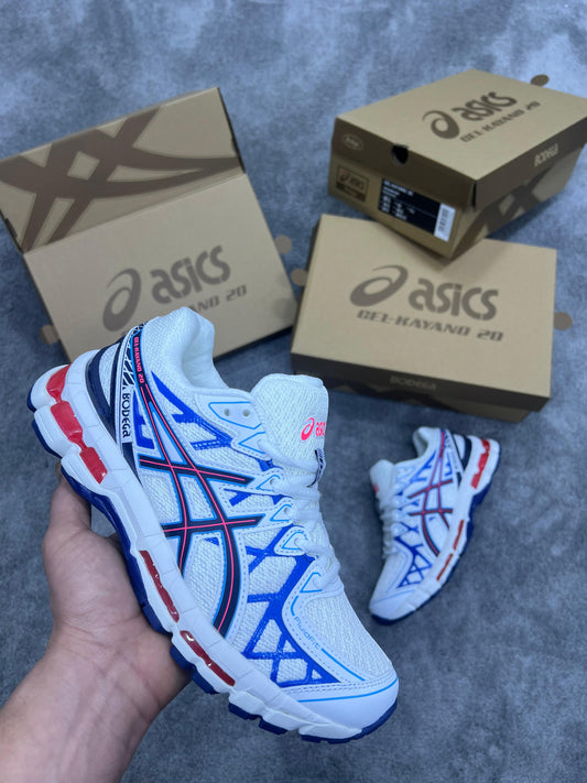 ASICS GEL-Kayano 20 “Bodega” blancas logo azul y naranja