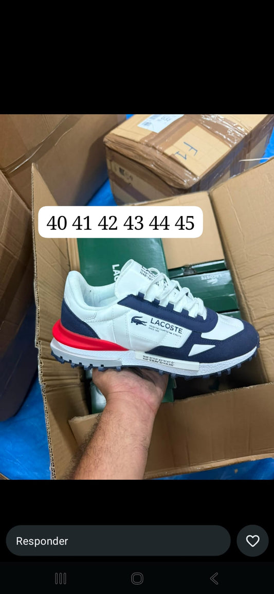Zapatillas lacoste blancas logo azul detalles rojos