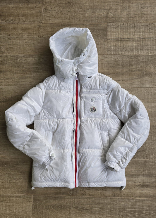 Abrigo moncler blanco cremallera blanca roja