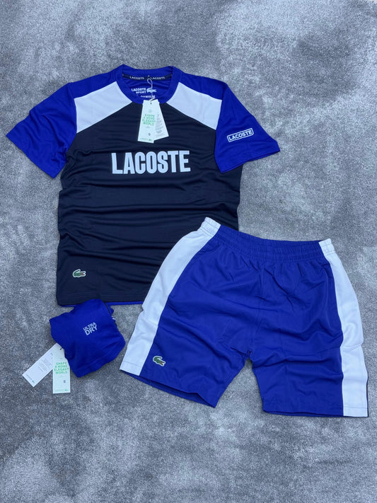 Conjunto corto lacoste azul logo blanco detalles blancos