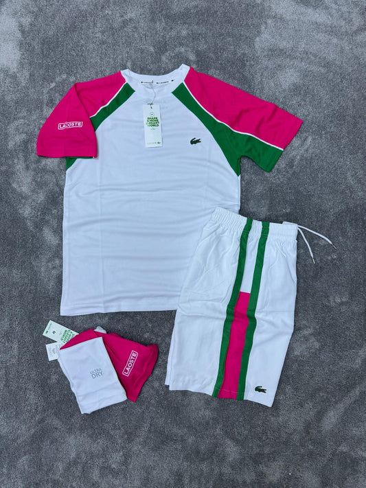 Conjunto corto lacoste blanco detalles rosas y verdes