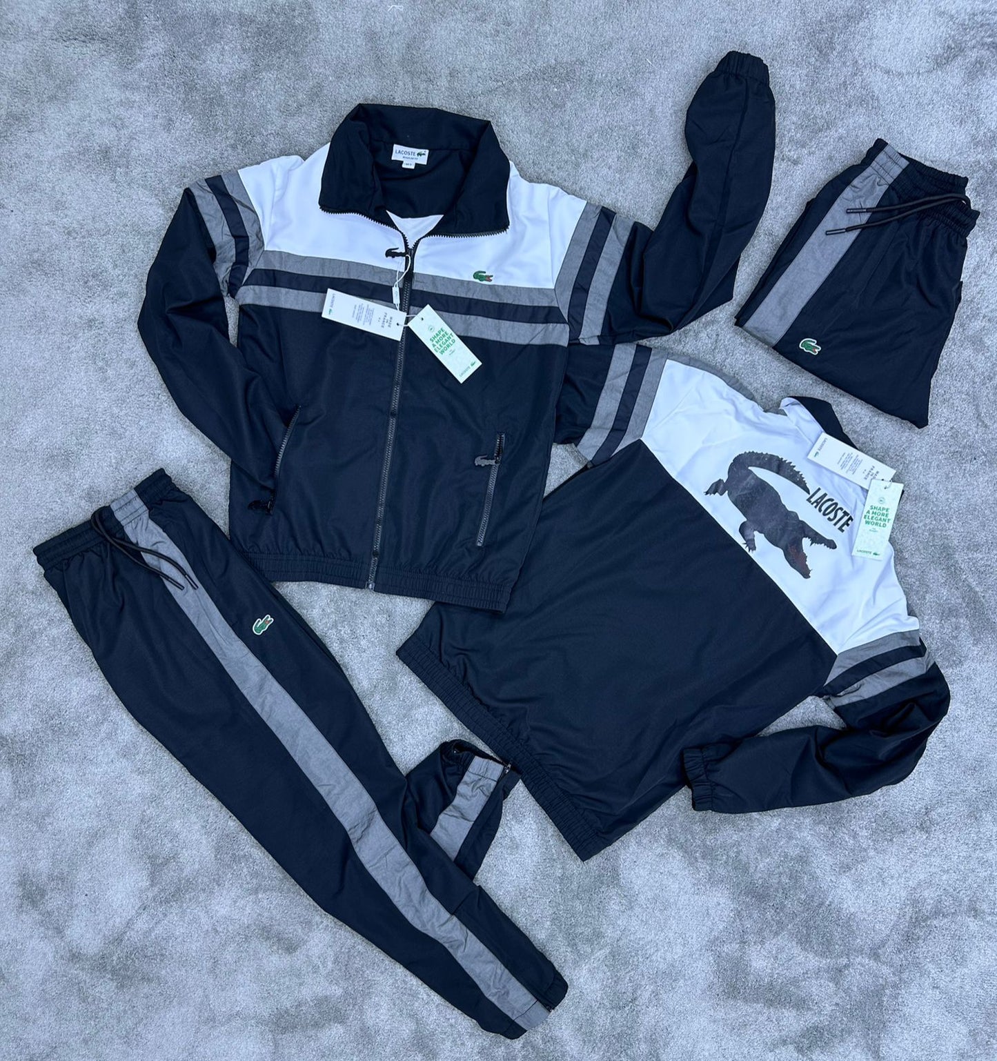 Chandal LACOSTE blanco y negro logo verde detalles gris