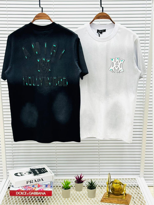 Camiseta amiri blanco y gris logo blanco detalles verdes