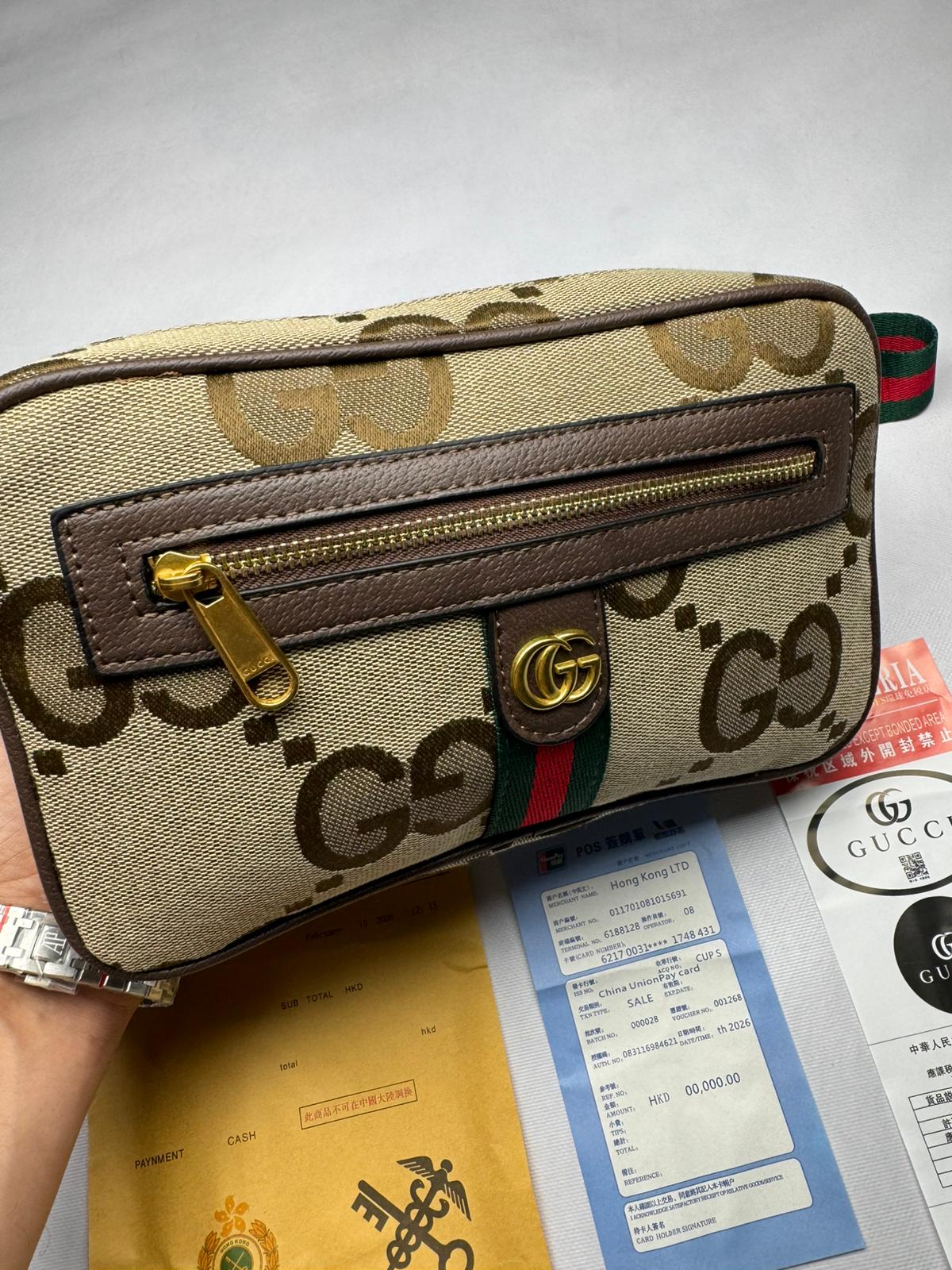 Riñonera GUCCI dorado logo marron detalles verdes y rojos