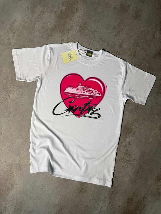 Camiseta Corteiz blanco logo negro detalles rosas