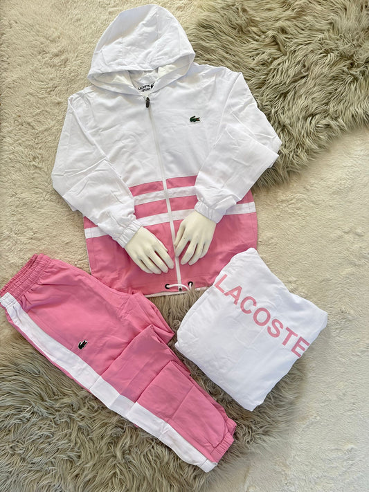 Chandal Lacoste blanco y rosa logo verde