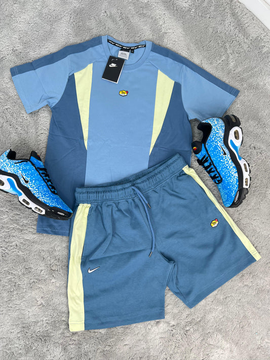 Conjunto corto nike tn azul y amarillo logo amarillo y negro
