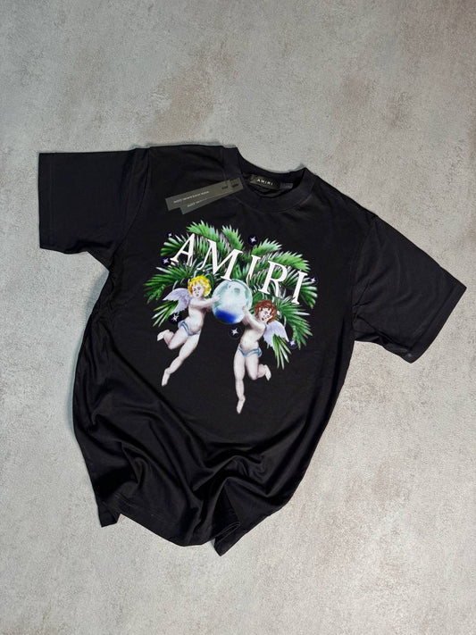 Camiseta Amiri negro logo angeles blanco detalles verdes