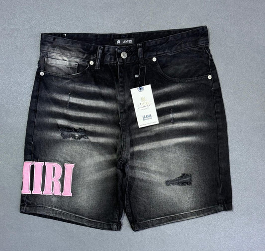 Pantalon corto amiri negro logo rosa
