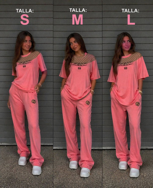 CONJUNTO GUCCI rosa logo dorado detalles rojos