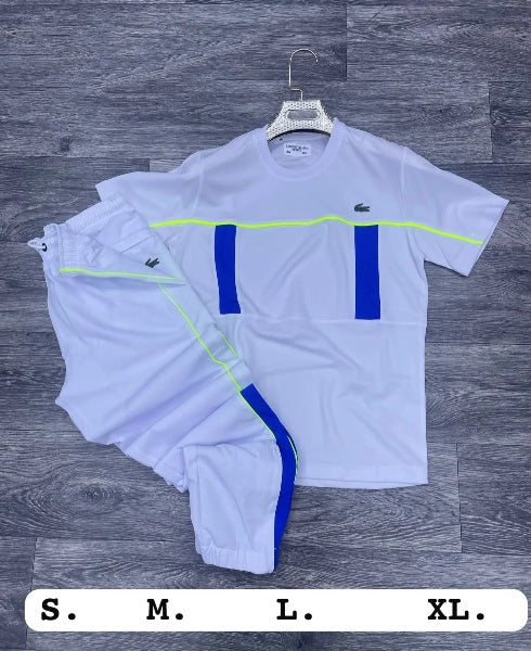 Conjunto Lacoste blanco logo verde detalles azules y fluor