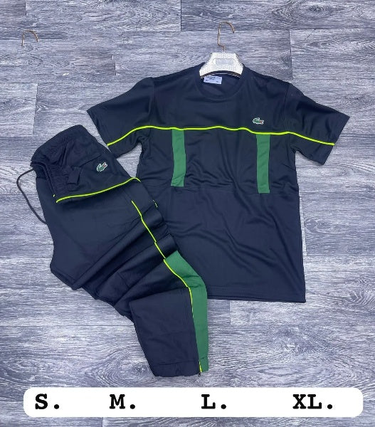 Conjunto Lacoste negro logo verde detalles verdes y fluor